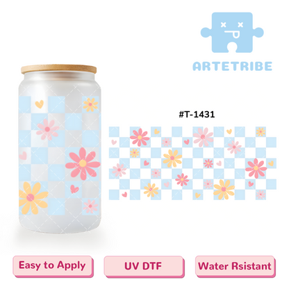 16oz uvdtf blue grid with pink yellow flowers hearts Boho--#T-1431