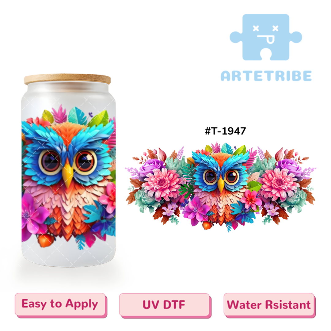 16oz uvdtf colorful owl flower--#T-1947