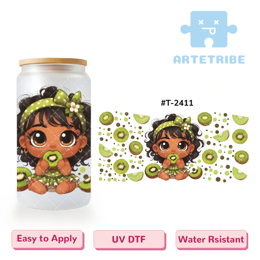 16oz uvdtf cute girl with green kiwi Boho--#T-2411