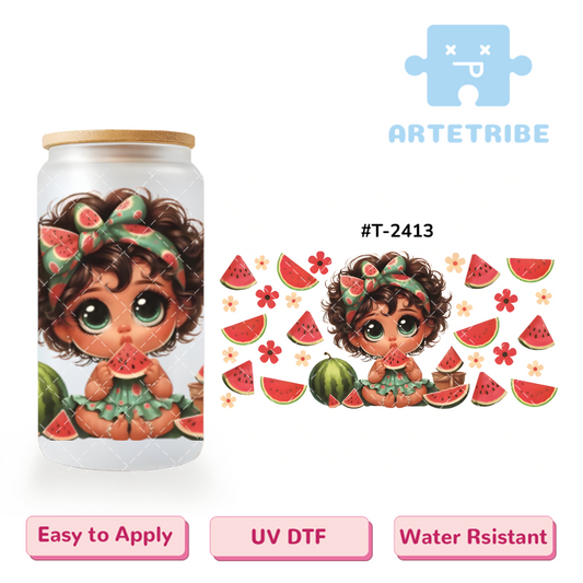 16oz uvdtf cute girl with red watermelon Boho--#T-2413