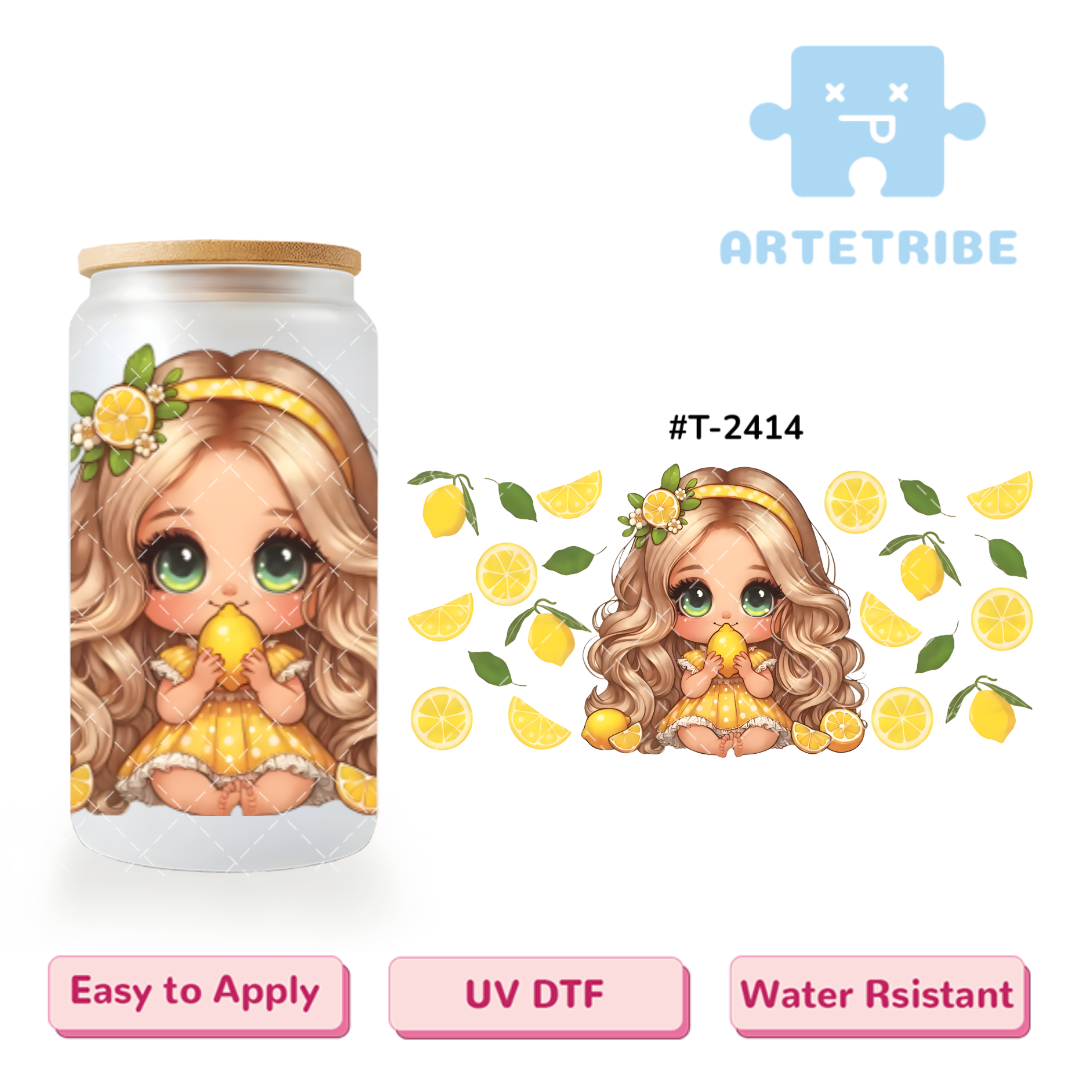 16oz uvdtf cute girl with yellow lemon Boho--#T-2414