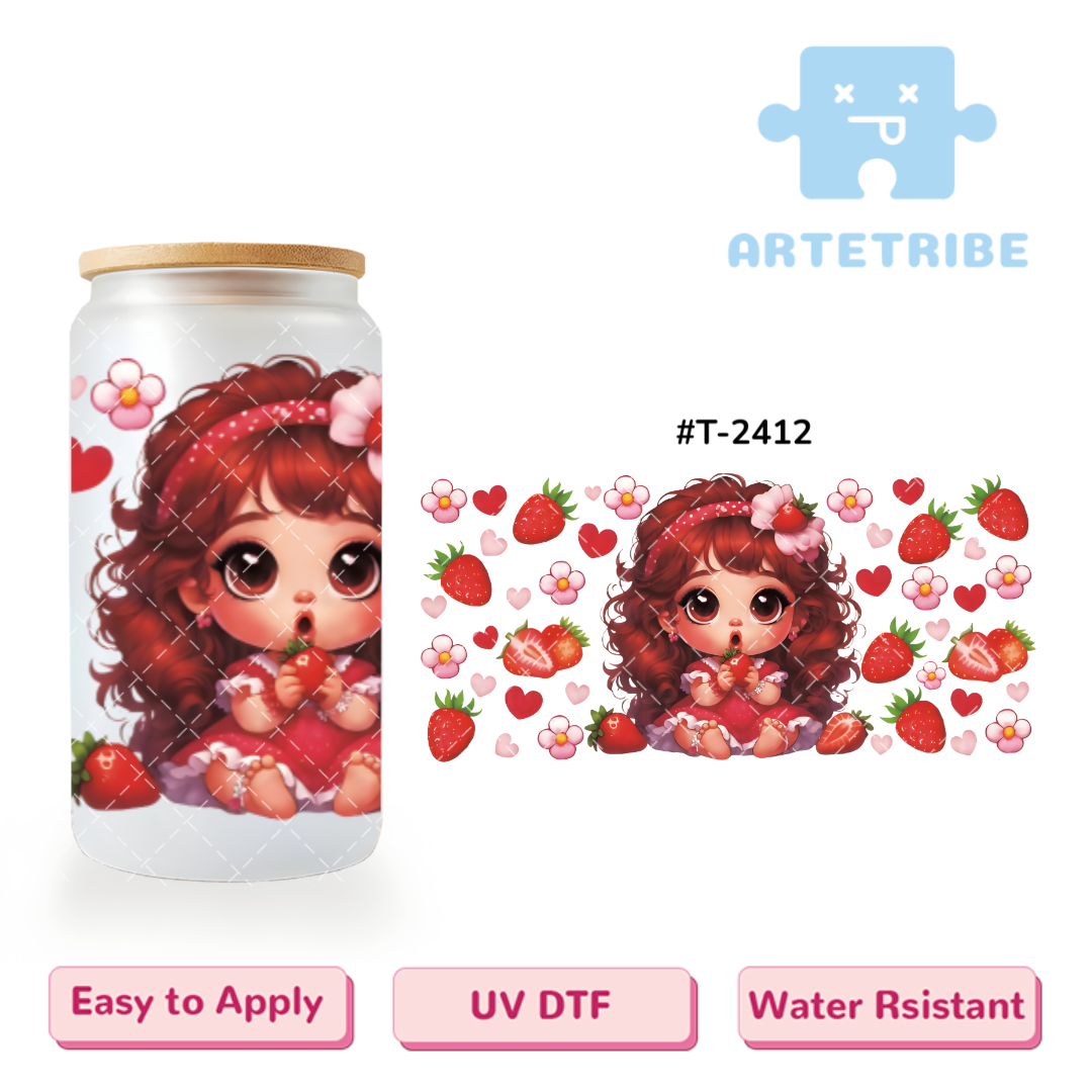 16oz uvdtf cute strawberry girl with pink flowers red tone--#T-2412