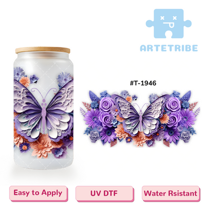 16oz uvdtf purple tone butterfly flowers--#T-1946