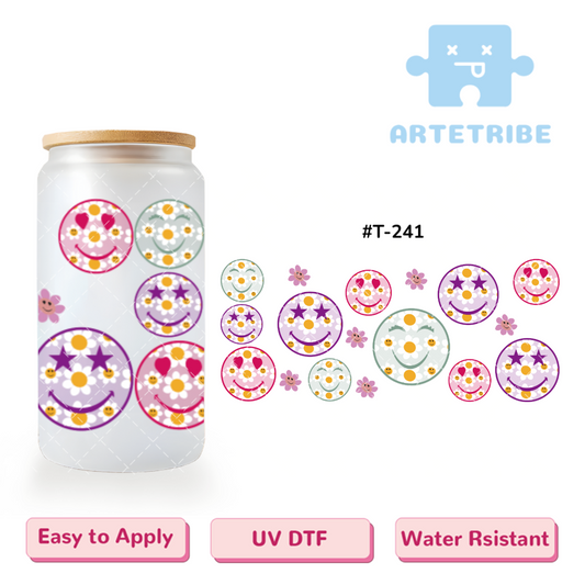 16oz uvdtf smiley faces flowers--#T-241