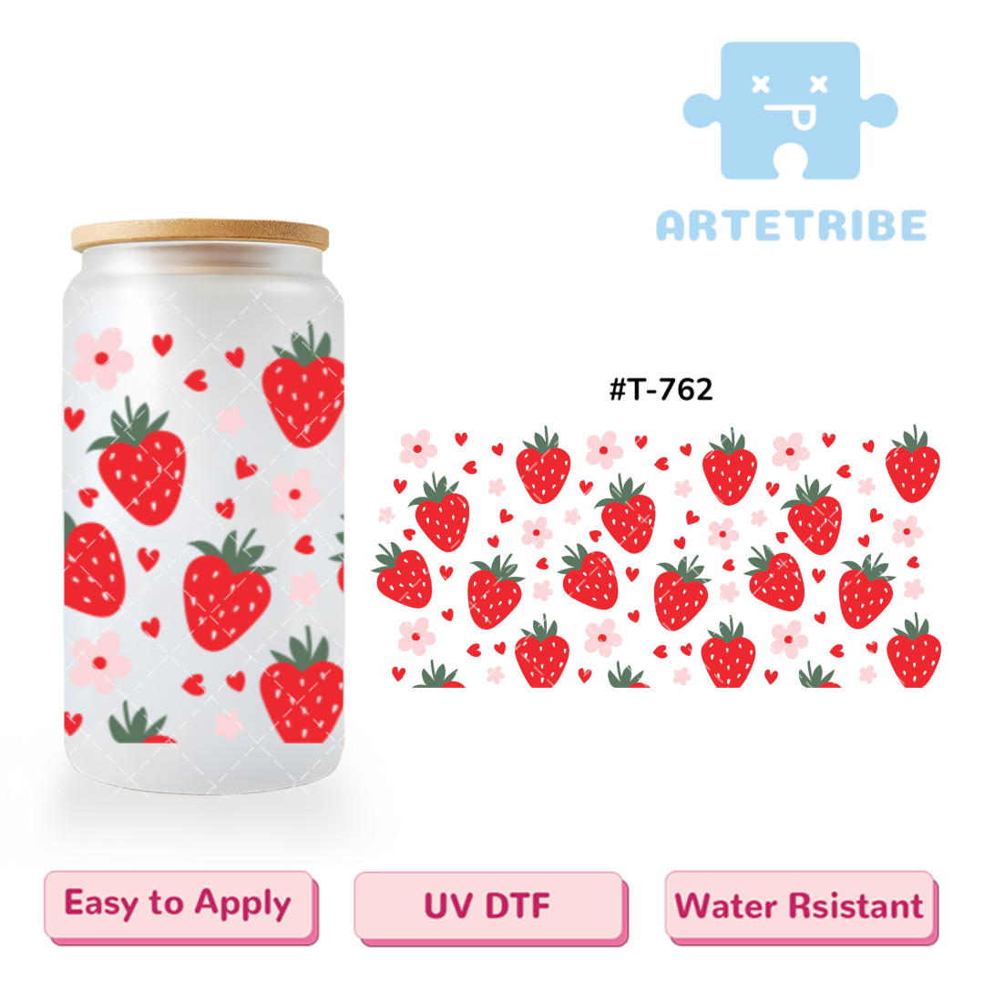 16oz uvdtf sweet red strawberry heart pink flower--#T-762