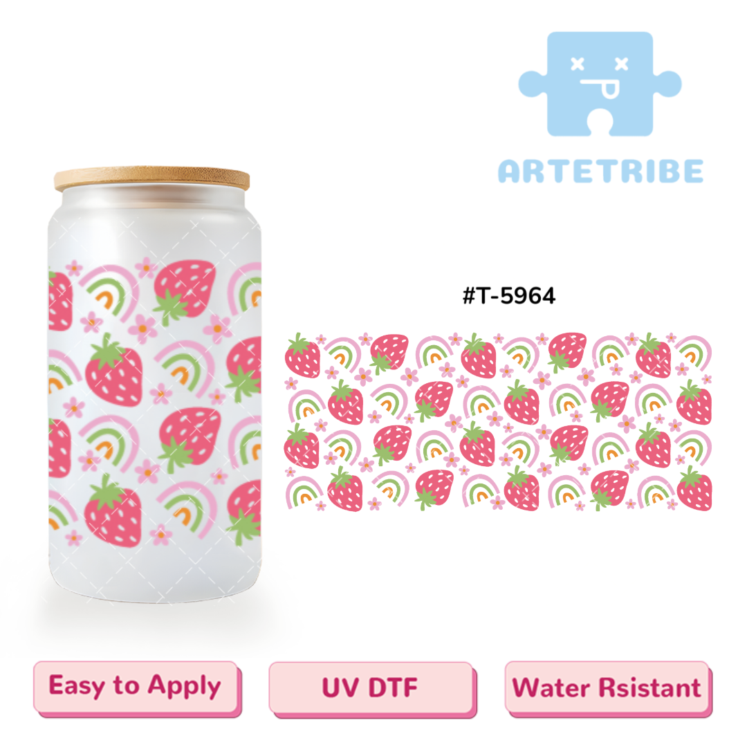 16oz uvdtf sweet strawberry with flowers and rainbow pink tone Boho--#T-5964