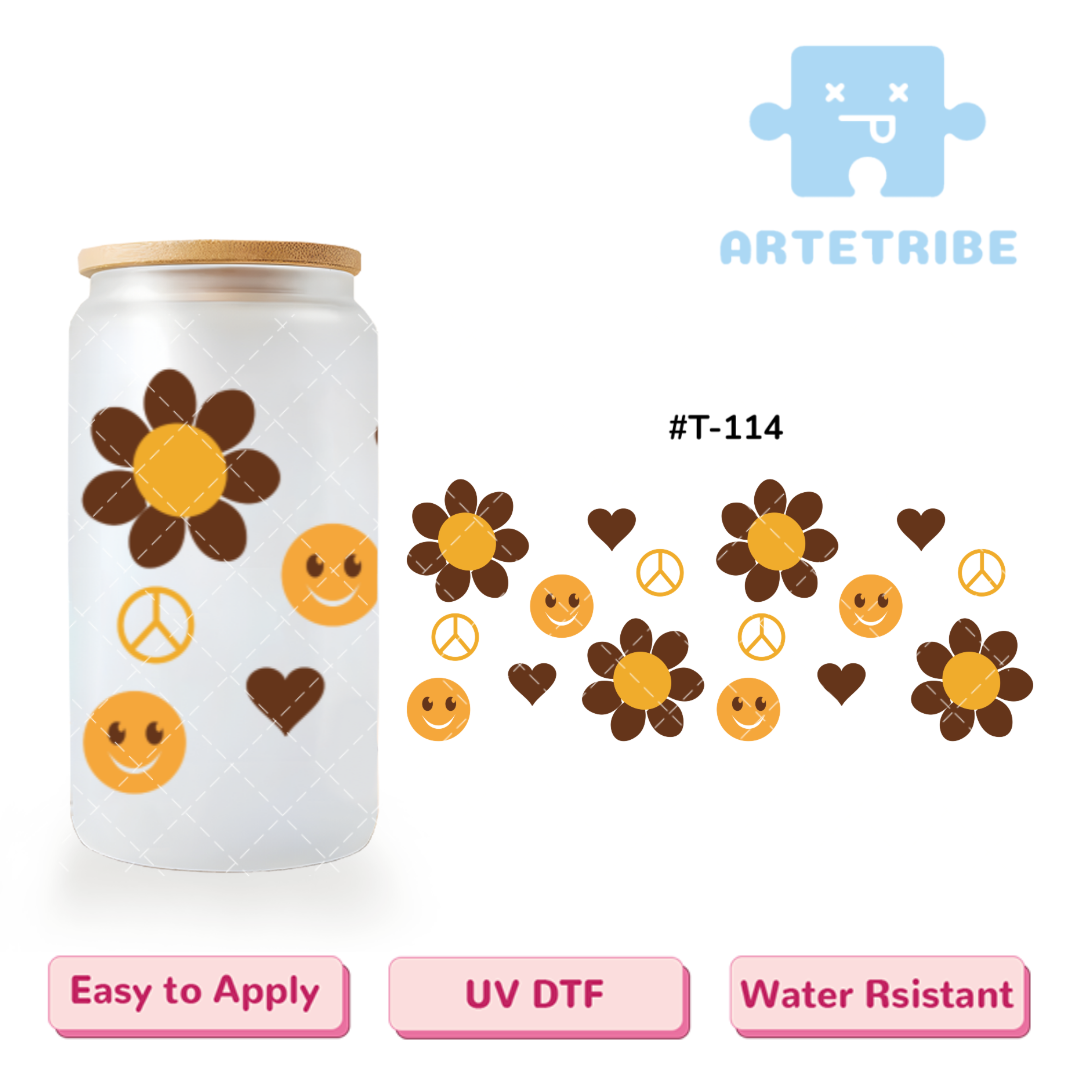 16oz uvdtf yellow brown flowers smilely face heart--#T-114