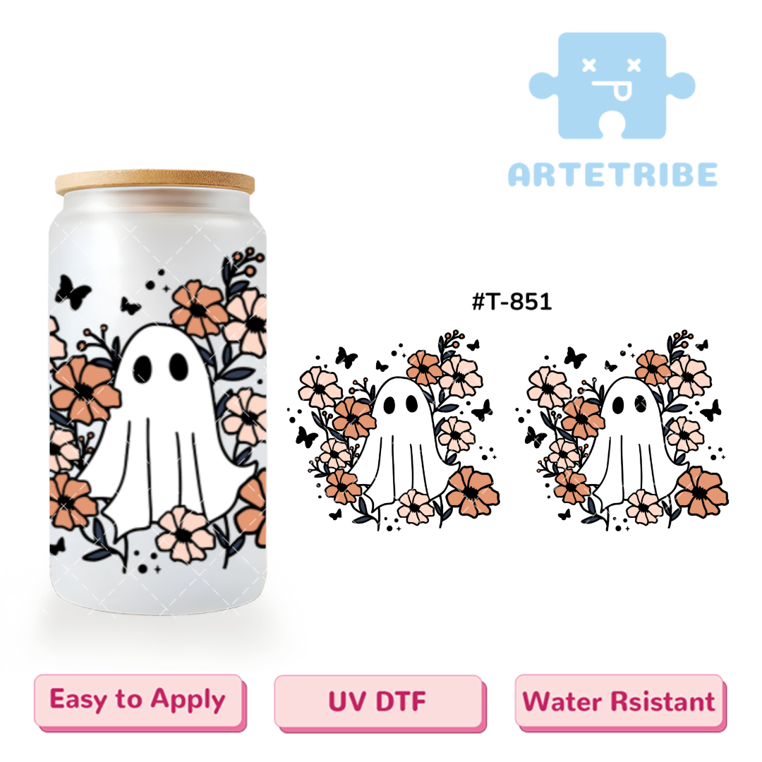16oz uvdtf Halloween ghost pink flowers black butterfly Boho--#T-851