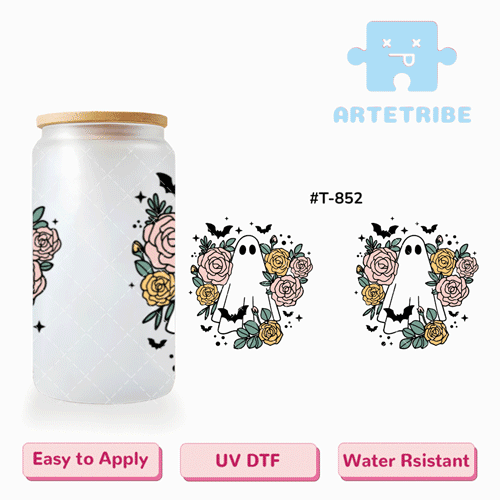 16oz uvdtf Halloween ghost pink yellow rose flowers black bat Boho--#T-852