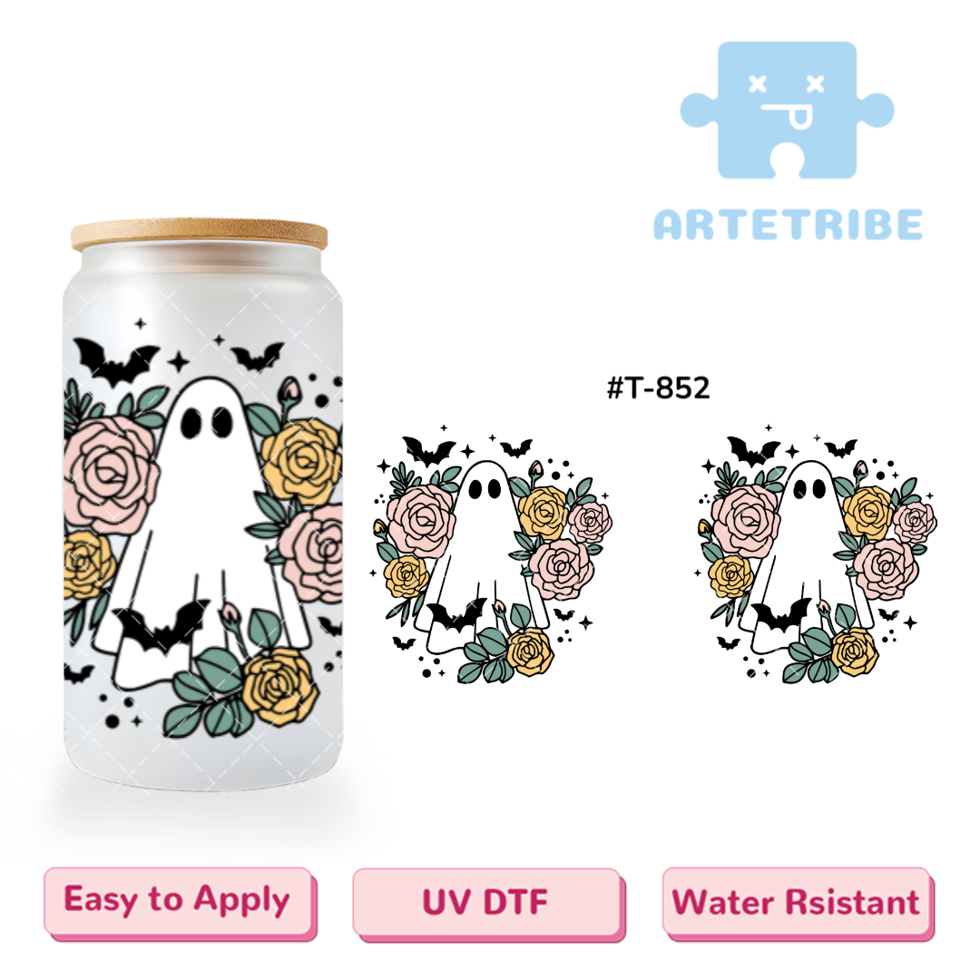 16oz uvdtf Halloween ghost pink yellow rose flowers black bat Boho--#T-852