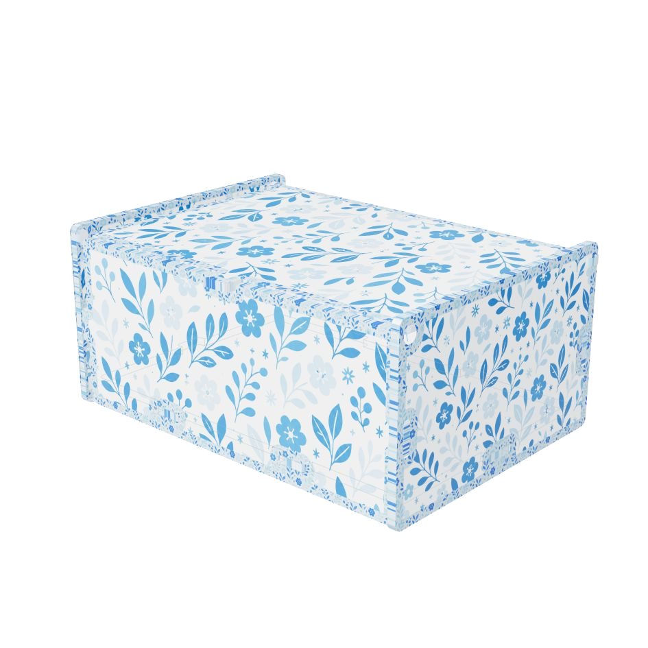 Custom acrylic box with a blue botanical design